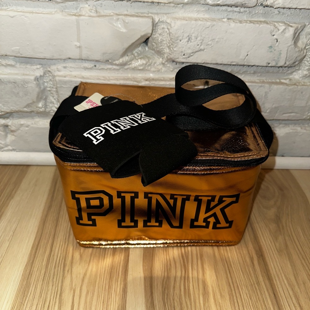 PINK Victoria's Secret Metallic Gold Lunch Box w/ Koozie